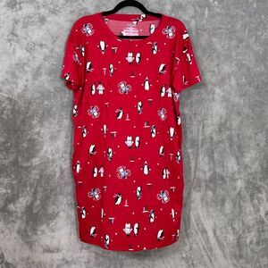 Joyspun Penguins Sleep Shirt Nightgown women’s S/M Red Short sleeve